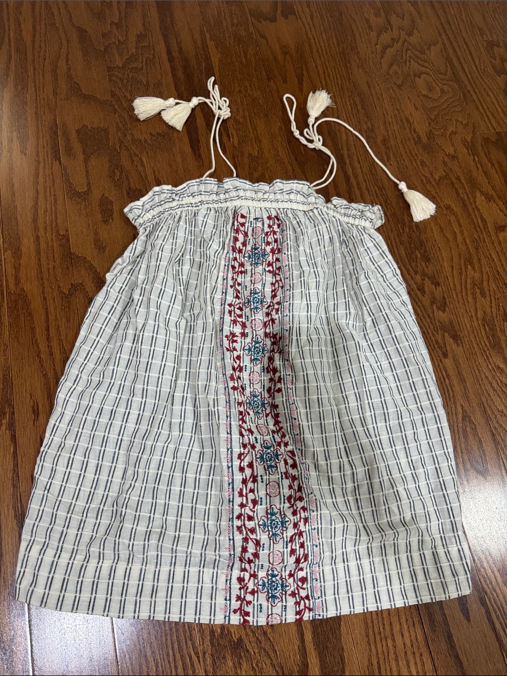 Universal Thread White Striped Smocked Tank With Red & Blue Embroidery